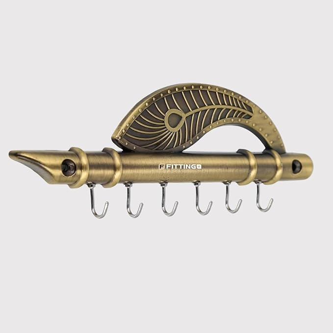 Image of Wall Key Holder Krishna Flute & Peacock Quills /Wall Key Hanging Stand /Keys Rack Hook, /Home Decor Gift Key Holder Hook for Keys /Stand /Hanger /Wall Mounted -6 Hooks -Brass Antique
