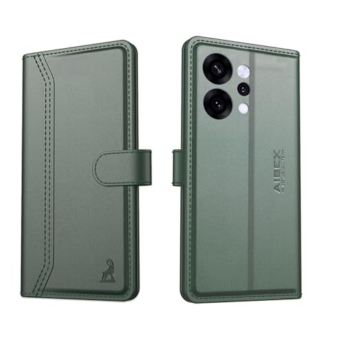 Image of AIBEX Compatible for Oppo Reno 14 5G Flip Cover Leather Finish with Magnatic Closure | Inside TPU with Card Pockets | Wallet Stand | Complete Protection Flip Case -Green