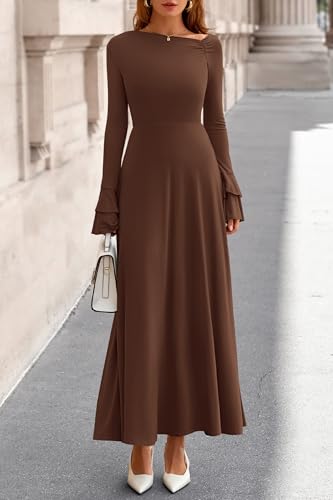 PRETTYGARDEN Womens Dresses Formal Off The Shoulder Long Sleeve Ruched Knit A-Line Maxi Wedding Guest Dress Fall Clothes4