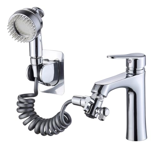 Faucet Sink Hose Sprayer Attachment Set Bathtub Shower Spray Head with Diverter Valve Replacement Parts Massage Sprayer Adapter for Sink Basin Faucet with Telescopic Hose Adhesive Shower Holder Chrome