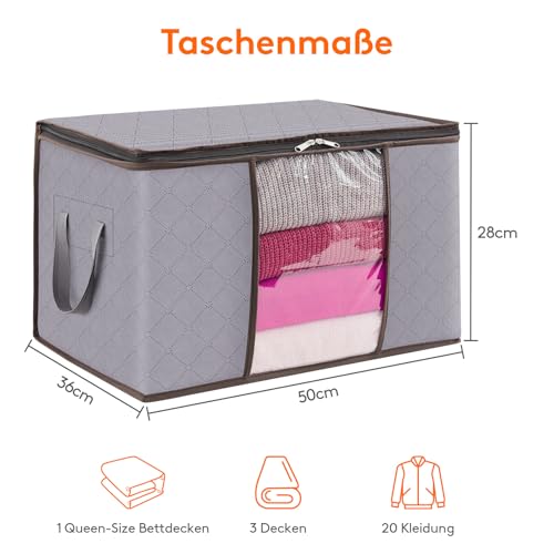 Lifewit 50L Aufbewahrungstasche Kleidung, Kisten Aufbewahrung mit Deckel Kleideraufbewahrung aufbewahrungsbox Kleiderschrank Organizer mit Verstärkt Griff für Kleider Bettzeug, 4 Stück, Hellgrau