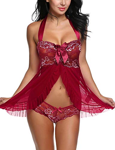 Lucyme Negligee Dessous Set Spitze Lingerie, Dunkelrot, L