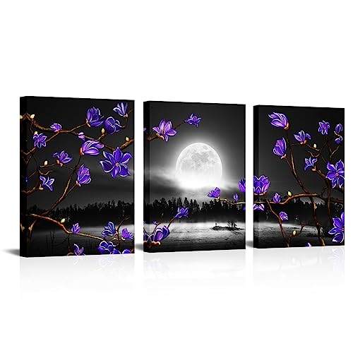 Image of Kalormore Black and White Full Moon with Purple Magnolia Flower Picture Prints Floral Landscape Peaceful Artwork for Home Bathroom Bedroom Decor Gallery Wrapped Ready to Hang
