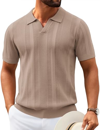 Image of COOFANDY Mens Knit Polo Shirts V Neck Textured Polo Shirts Short Sleeve Breathable Polo Casual Collared T Shirt Fashion Tops