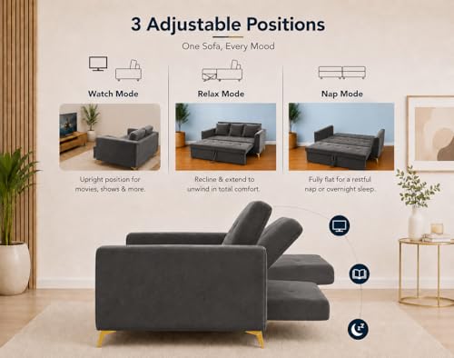 Image of Adorn India Premium Mystic - 3 Years Warranty - 3 Seater Sofa Cum Bed Velvet Suede Fabric - Dark Grey