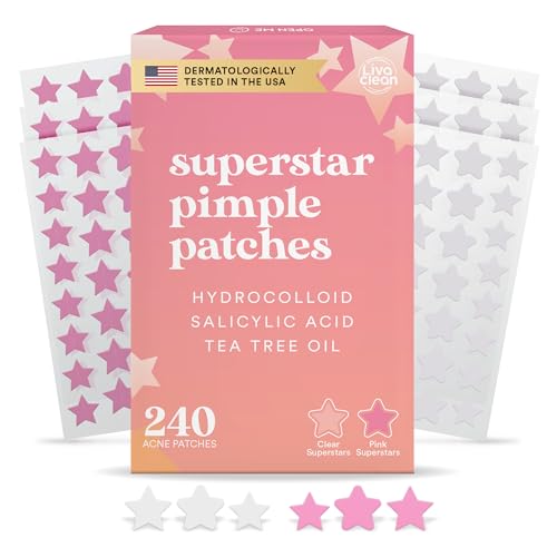 Livaclean 240 Star Pimple Patches for Face - Clear & Pink Pimple Patches Cute - Salicylic Acid Tea Tree Oil & Hydrocolloid Acne Patch - Zit Stickers Star Patch