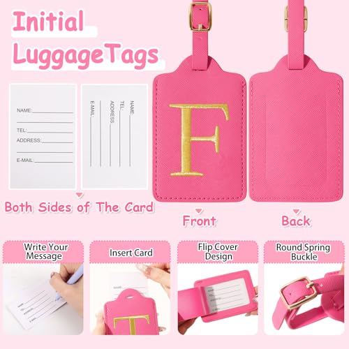 Image of Initial Letter Luggage Tags for Suitcases, Embroidered Monogrammed Suitcase Luggage Identifier Name Tag, PU Leather TSA Approved Luggage Tags, Bag Tags for Men Women Kids Luggage Handbags(Rosered F)