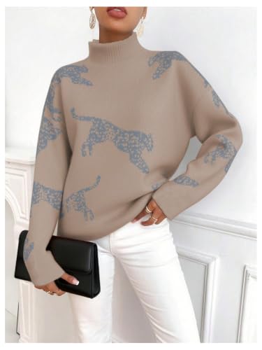 Image of WDIRARA Women's Leopard Tiger Print Sweater High Neck Long Sleeve Fuzzy Knitted Pullover Top