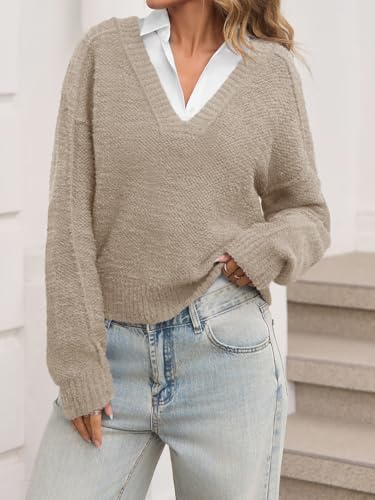 Saodimallsu Womens V Neck Pullover Sweaters Casual Knit Long Sleeve Loose 2025 Fall Cropped Tops2