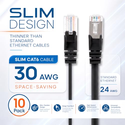 Image of Intellinet Cat6 Slim UTP Ethernet Patch Cable 10-Pack, 3 ft, Black | 10G 250 MHz pure copper thin cord with 30 AWG stranded wire, gold contacts, snag-free boot, PoE and rack use, resealable bag