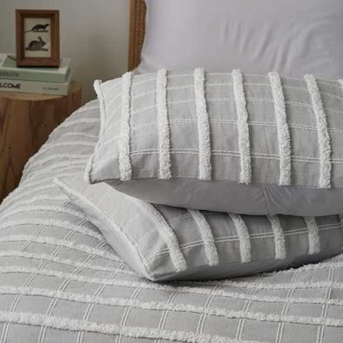 Image of Tufted Boho Grey Stripe King Duvet Cover with 2 Pillow Shams,No Comforter | Fluffy Brushed Microfiber, Button Closure,4 Corner Ties, Jacquard Weave, All Seasons, Grey Check Duvet Cover Set 104x90 in