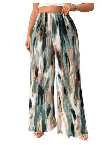 GORGLITTER Women's Plus Size Tie Dye Pleated Palazzo Pants High Waisted Wide Leg Loose Casual Flowy Pants