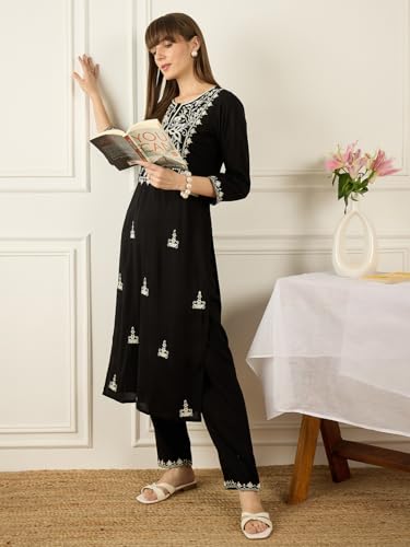 Image of INDO ERA Women's Viscose Rayon Floral Embroidered Straight Calf Length Kurta & Pant Set (IEAI11741)