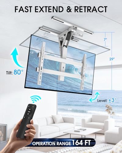 Image of Electric Ceiling TV Mount with Remote for 32-70 inch Flat Curved Screen TVs, Motorized Flip Down Ceiling Mount for Flat and Pitched Roof Indoor Outdoor, Drop Down VESA Mount Bracket, White