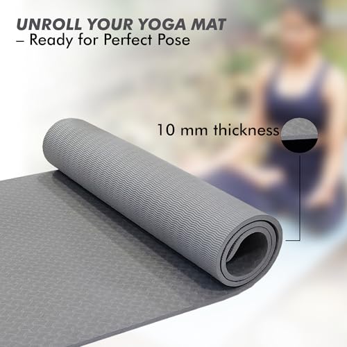 Image of VIXEN Yoga Mat Premium 10 MM TPE I Non Slip Yoga Mat For Women and Men | Sweat Absorbent | Extra Thick, Long & Wide Premium Exercise Mat with Yoga Strap | Anti-Slip & Anti-Tear Ideal for Yoga (Grey)