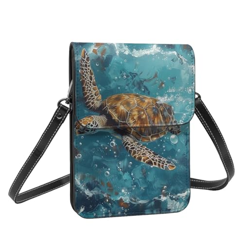 Sea turtle water ocean blue crossbody cell phone purse for womens lightweight small soft leather fashion travel wallet with adjustable strap