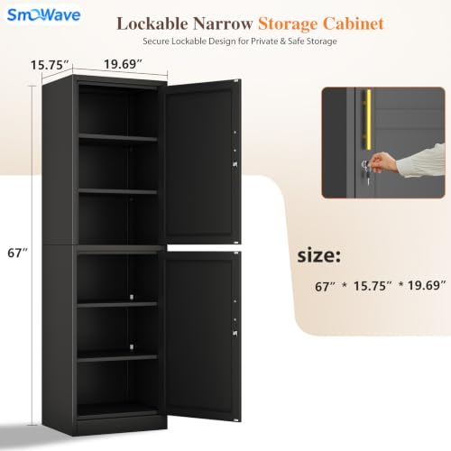 Image of Metal Locker Storage Cabinet Tall Narrow Storage Cabinets with 3 Adjustable Shelves and for Home Office, Living Room, Dining Room (Black 2 Door)
