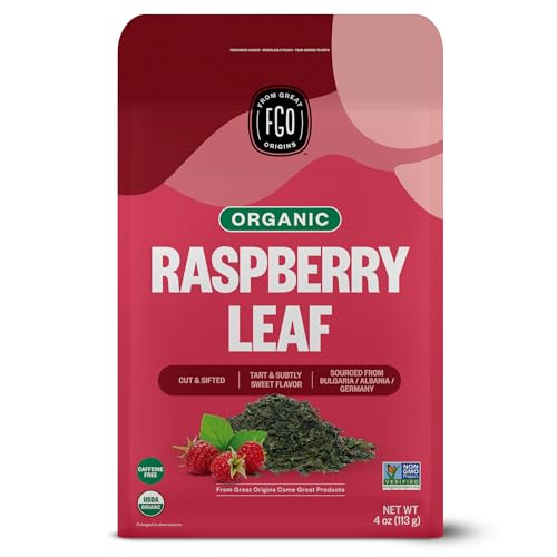 Image of FGO Organic Red Raspberry Loose Leaf Herbal Tea, Cut and Sifted, Caffeine Free, Resealable Bag, 4oz (Pack of 1)