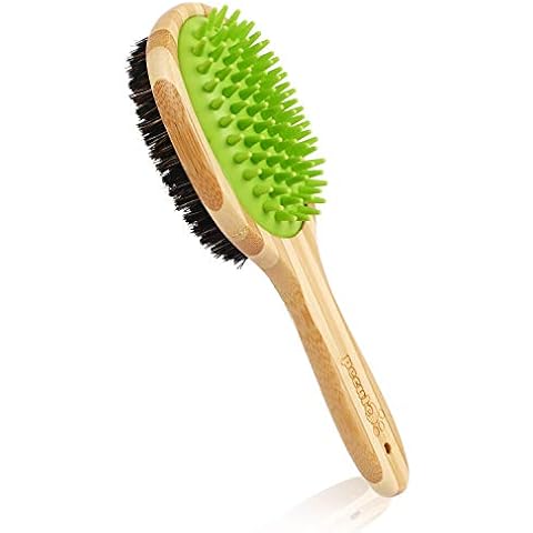 pecute Double Sided Pet Massage Bath Brush - 2 in 1 Silicone Needle and Natural Bristle Bamboo Comb - Removes Loose Fur & Dirt - Great for Cats Dogs Short to Long Fur Massaging Bathing Cover