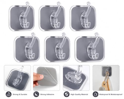 Image of 6 PCS Self Adhesive Wall Hooks Heavy Duty Waterproof Oil Proof No Drill Wall Hanger for Bathroom Kitchen Office Bedroom Coat Towel Keys Bags (6 Pcs, Grey)