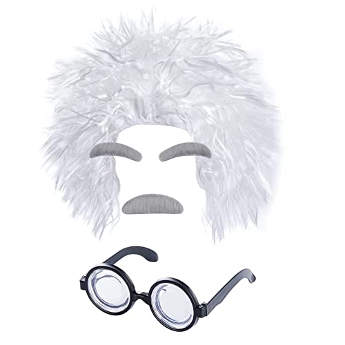 Dzxin Costume de Vieil Homme, Costume de Scientifique Fou avec Lunettes Cadre, Moustache et Sourcils pour Habiller Le Costume de Grand-père, Ensemble de Cosplay de fête d'halloween