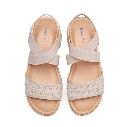 Image of Saidoteto Women's Flat Sandals,Comfortable Elastic Ankle Strap Slingback Slip-On Open Toe Low Wedge Walking Sandals for Summer & Casual