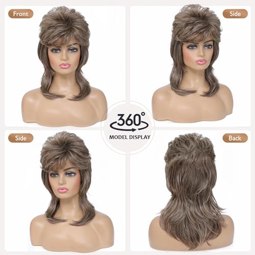 adequate 80s mullet wig for women fluffy and layered hairpiece for perfect for costume parties and cosplay light brown