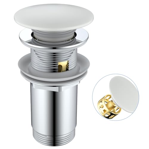 HanCrobiyx Desagüe Lavabo Blanca con o sin Rebosadero, Tapon Lavabo Click Clack, Tapa Blanca de Cerámica, Válvula Desagüe Pop Up con Cesta Filtrante, Universal G1 1/4' para Baño y Aseo