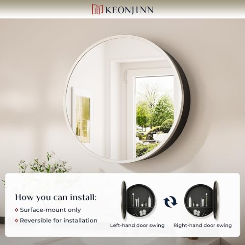Image of Keonjinn 24 inch x 24 inch Round Medicine Cabinet Mirror, Brushed Nickel Mirror Medicine Cabinet Wall Mounted, Circular Medicine Cabinets with Mirrors, Circle Framed Vanity Mirror with Storage