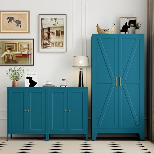 Image of Bevivog 61 inch Farmhouse Metal Storage Cabinet with 2 Doors and 3 Adjustable Shelves, Tall Bathroom Cabinet Freestanding, Blue Metal Pantry Cabinets for Kitchen, Living Room, Home Office