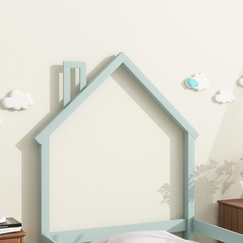 Miniatura 13 de DHAEY Cama de piso para niños, niñas, marco de cama de madera de tamaño individual con cabecera en forma de casa y vallas para niños y niñas, cama