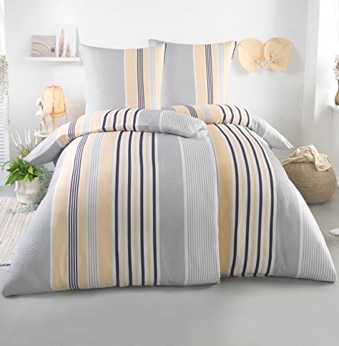 4 teilig Seersucker Bettwäsche 135x200 Set Kissenbezug 80x80 luftig...