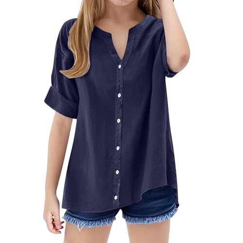 Girls Linen Button Down Shirts Rolled Cuffed Short Sleeve Blouse Teen Summer Casual V Neck Lightweight Beach Tops