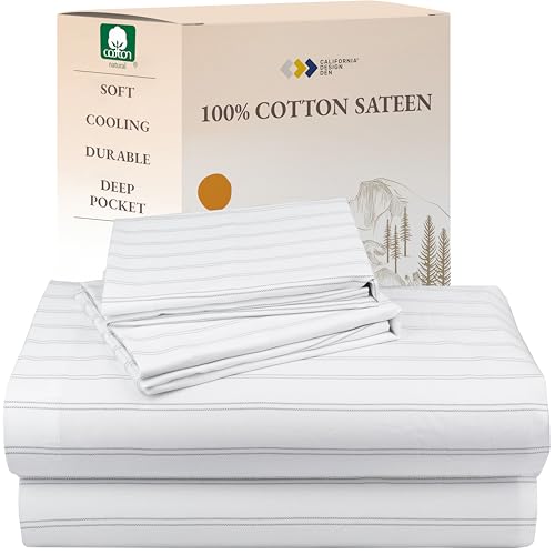 Image of California Design Den King Bed Sheets Stripe Set, 100% Cotton Deep Pocket King Sheets & Pillowcase Set, Soft Sateen Weave - Classic Stripe