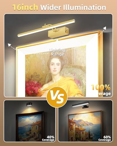 Image of 16inch Picture Lights for Wall, 5200mAh Battery Operated Art Light with Remote, Dimmable 6 Color Temperature Metal Lights for Pictures On Wall for Living Room Bedroom Hallways Gold 2 Pack