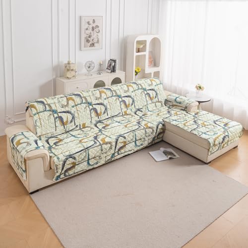 Image of HOKIPO 'Elira Series' Printed Quilted One-Piece L Shape 4 Seater (2+2) Sofa Cover Mat with Right Chaise | Anti-Slip Backing & SecureFit Belt, Parchement Beige Abstract Art (AR-6228-C6)