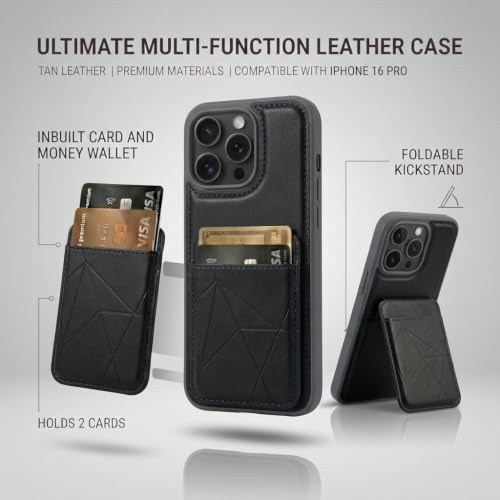 Image of amazon basics Premium Vegan Leather Back Cover with Card Holder and Integrated Mobile Stand for iPhone 16 Pro - Slim Shockproof Wallet Case with Geometric Stitching [Black]