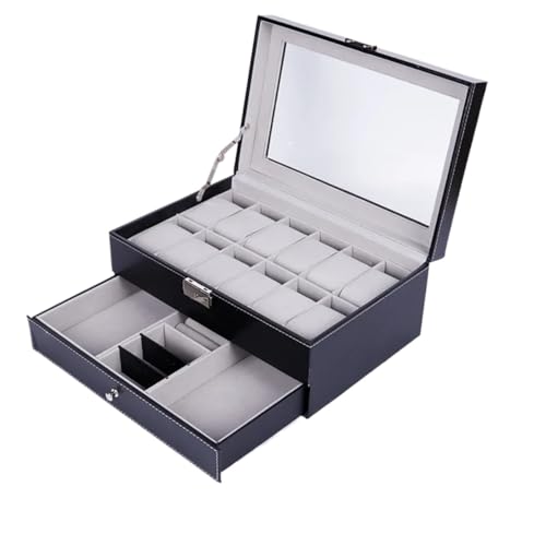 Zyayng Caja de presentación para relojes, caja de presentación, reloj de piel sintética, almacenamiento con cerradura, doble capa, expositor de joyas, cajón, escaparate reloj de pulsera para relojes