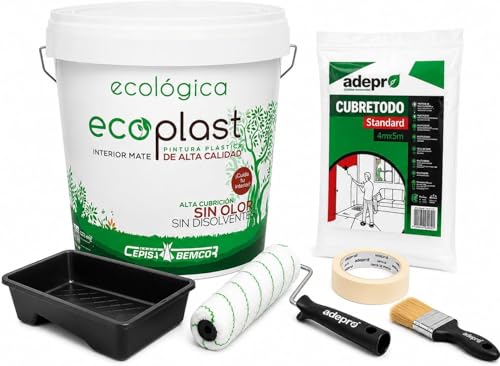 CEPLAST Kit Pintura Ecológica Interior 4L – Certificado Ecolabel, Sin Olor y Baja Emisión, Incluye Rodillo, Cubeta y Accesorios – Pintura Blanca Mate para Hogar Saludable