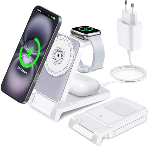 Chargeur Induction 3 en 1, Station De Charge Magnétique for iPhone 17 16 15 14 13 12,18W Chargeur sans Fil Rapide Pliable for Apple Watch Ultra/Ultra 2,...