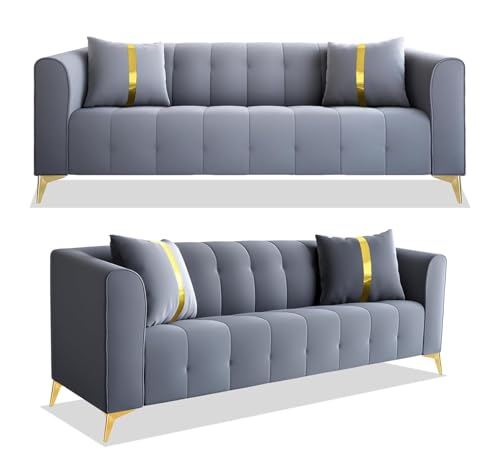 Image of UMAR ARTS Luxury Chesterfield Leatherate Sofa Set, Tufted Genuine Leatherate, Classic Living Room Furniture (3+1+1 Grey)