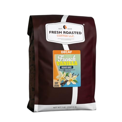 Fresh Roasted Coffee, Decaf French Vanilla Flavored Drip Ground Coffee, Medium Roast, Kosher, 5 lb (80 oz)