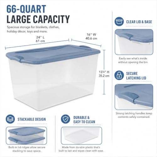 Image of Storage Bins 66 Qt Clear Latching Lid Stackable 6 Pack Blue | Clear Construction with Secure Latches - Easy to see contents without opening. Color latches keep lids firmly attached.