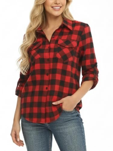 Famrrifuu Chemise a Carreaux Femme Classique Chemisier en Flanelle Bucheron Western Élégant Blouse 100% Coton Décontractée Shirt, Rouge Noir, XL