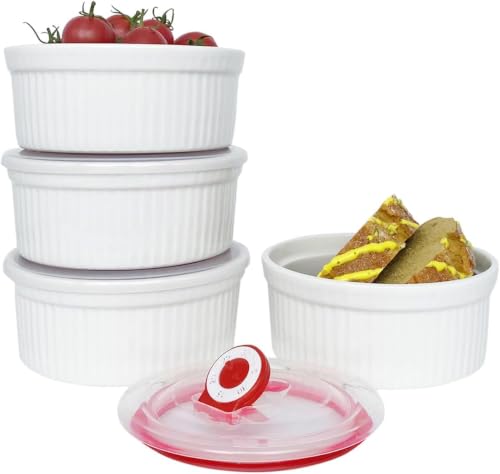 Ramekins 16 oz Oven Safe, Creme Brulee Ramekins with Lids, White Ceramic Souffle Dishes Ramekin, Mini Baking Bowls with Cover Set of 4, Ramekin Assorted Sizes - Dishwasher and Oven Safe, Fathers Day Gift