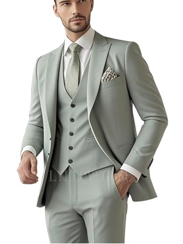 Slim Fit Suits 3 Piece Suit for Men Wedding Suit Sets Two Button Peak Lapel Blazer Single Breasted Vest Pant