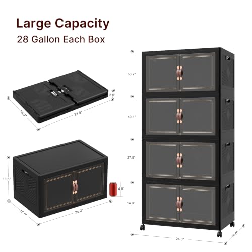 Image of Stackable Storage Bins with Lids, 440QT Lockable Storage Cabinet | Closet Organizers, Foldable Storage Box with Doors and Wheels, Plastic Drawers for Home, Garage, Office (4, Black, Plus)