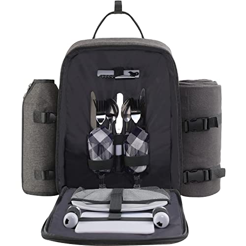 Allcamp Outdoor Gear Picnic Backpack For 2 Person W/ Detachable Bottle/Wine Holder, Fleece Blanket, Plates And Cutlery Set (Grey) #TOP6