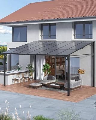 GarveeLife 12' x 14' Lean to Gazebo, Hardtop Wall Pergola with Polycarbonate Roof, Aluminum Frame Mounted Gazebo for Lawn Patio Deck Yard and Party
