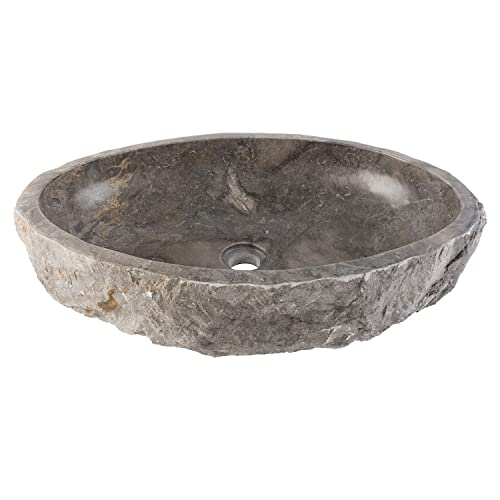 wohnfreuden Marmor Waschbecken grau rund 60 cm - Unikat Stein Aufsatzwaschbecken innen poliert außen gehämmert für das Badezimmer - Naturstein Waschschale für Gäste-WC